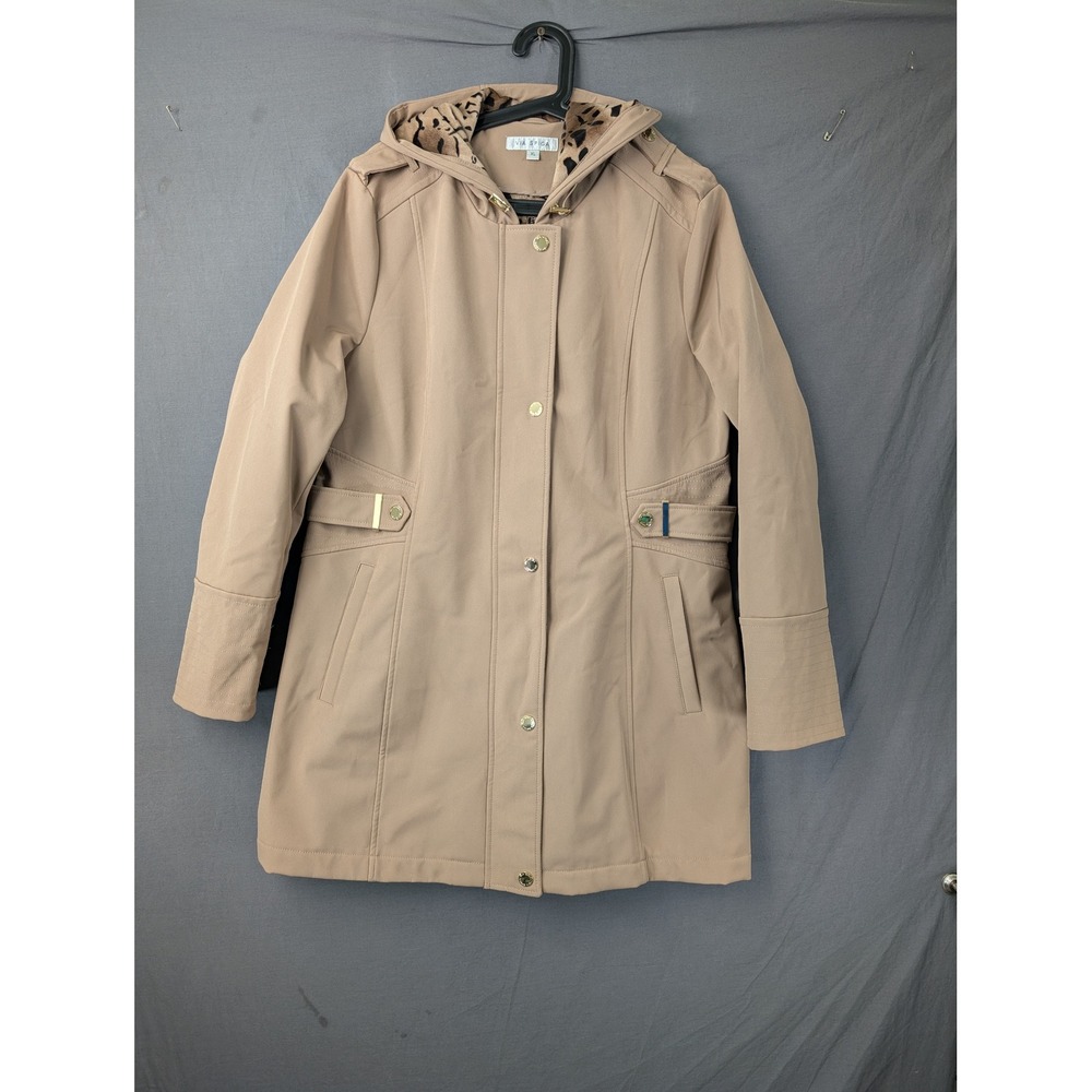 Via Spiga Womens Tan Hooded Raincoat Trench Coat‎ Leopard Lining XL